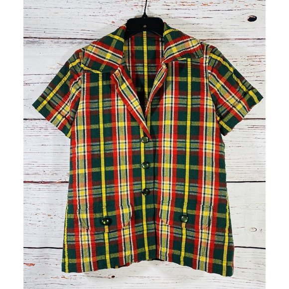 Vintage Plaid Jacket Skirt Set Handmade 1960s or 1970s Retro Green Red Yellow - Picture 3 of 14